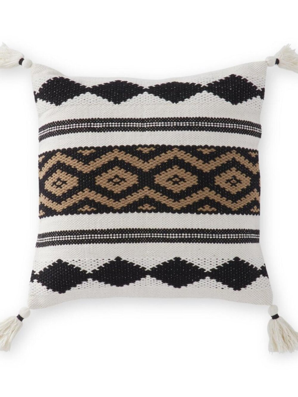 20 INCH BLACK WHITE & TAN LOOM WOVEN PILLOW W/TASSELS NEW